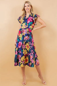 Nina Black Floral V-Neck Midi Dress - The Look By Lucy