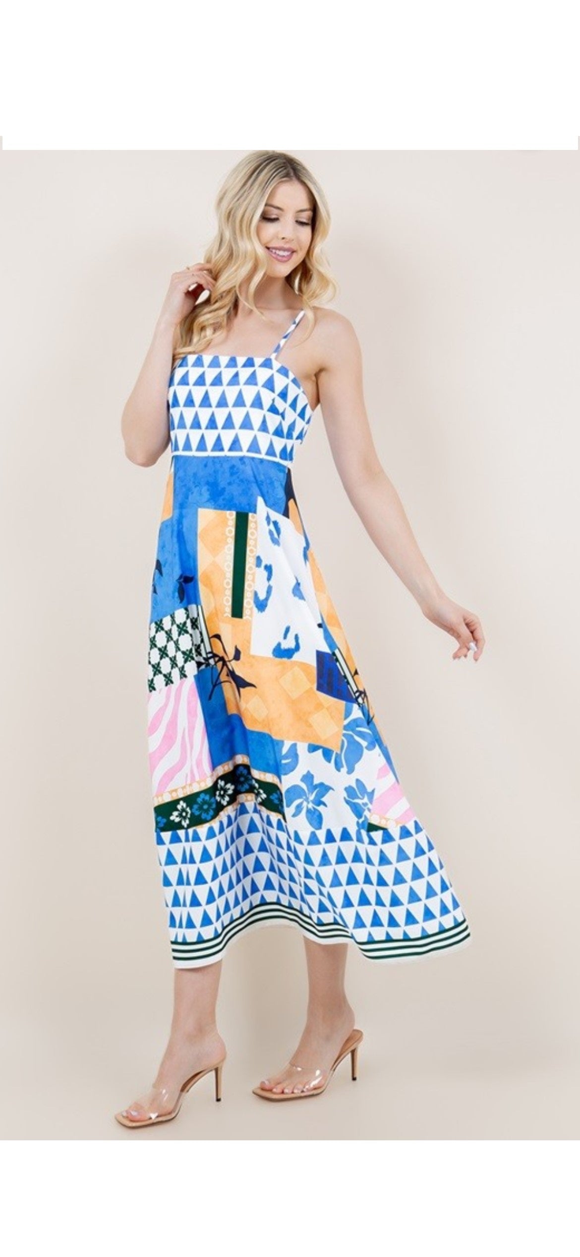 Amelia Blue Printed Dress With Back Zipper And Adjustable Straps - The Look By Lucy