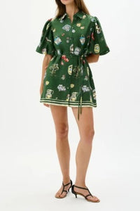 “Amy” Green Printed Dress with Pockets