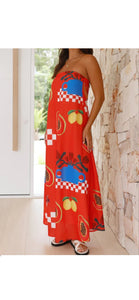 Andie Red Fruit Print Strapless Dress - The Look By Lucy