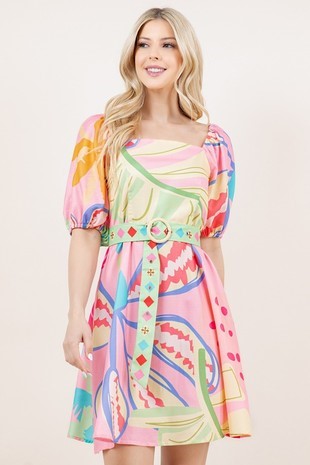 Anna Pink Printed Dress With Belt