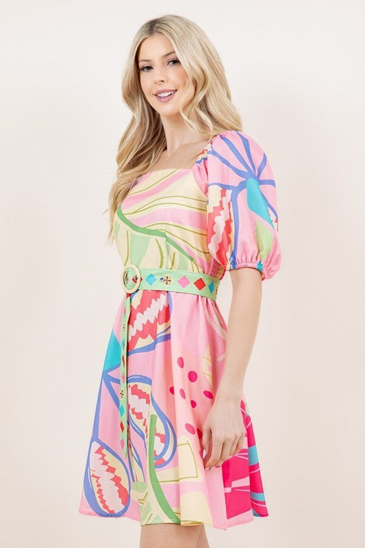 Anna Pink Printed Dress With Belt
