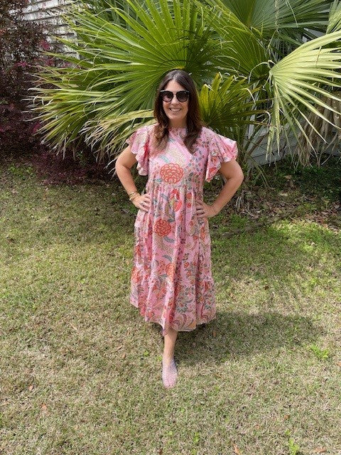 Audrey Pink Multi Block Print All Cotton Dress With Pockets - The Look By Lucy