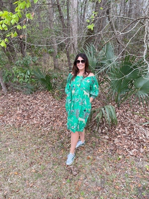 Augusta Green Jungle Block Print All Cotton Dress With Pockets - The Look By Lucy
