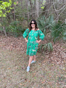 Augusta Green Jungle Block Print All Cotton Dress With Pockets