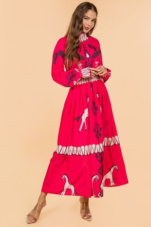 Ava Hot Pink Horse Print Dress Long Sleeve Smocked Collar Dress - The Look By Lucy