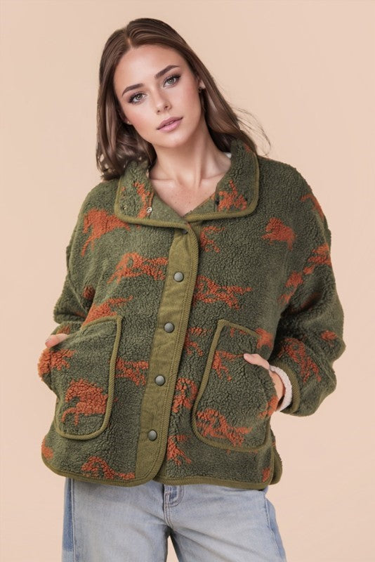 Boulder Olive Green Horse Print Sherpa