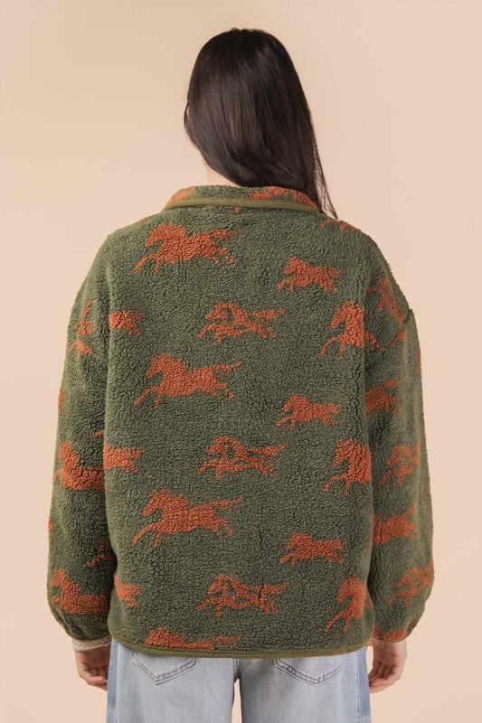 Boulder Olive Green Horse Print Sherpa