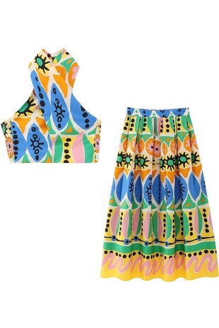 Briana Cross Over Halter Style Top with Smocked Sides and Midi Length Skirt With Back Zipper. Sold as a Set, and True to Size - The Look By Lucy