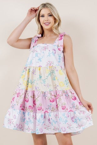 Bridget Floral Color Block Print With Tie Shoulder - The Look By Lucy