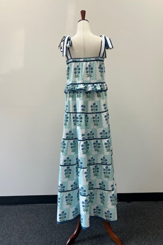 Camila Blue Floral Print Shoulder Tie Dress