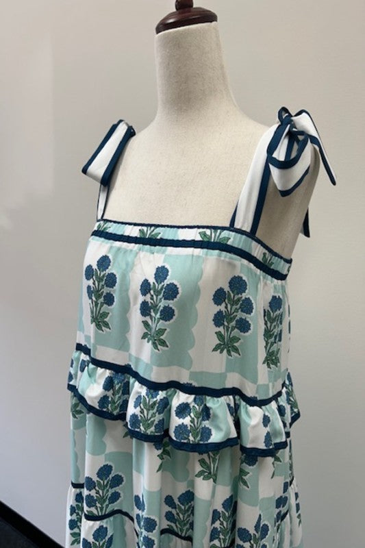 Camila Blue Floral Print Shoulder Tie Dress
