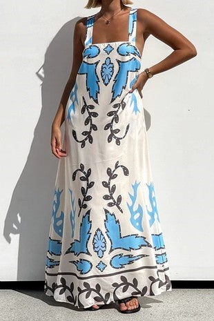 Cindy White/Blue/Brown Multi Print Dress