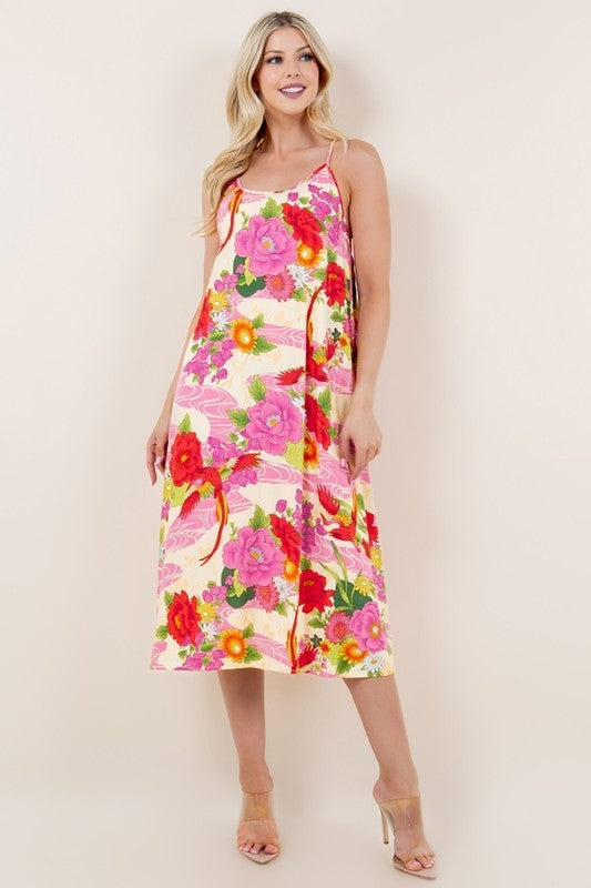 Daphne Pink/Yellow Floral A- Line Dress With Adjustable Straps - The Look By Lucy