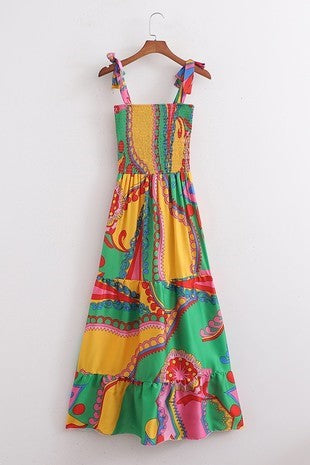 Drew Multi Color Printed Smocked Dress With Tie Straps