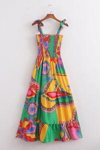 Drew Multi Color Printed Smocked Dress With Tie Straps