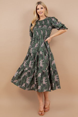 “Ellie” Green Leopard Half Puff Sleeve Smocked Dress - The Look By Lucy