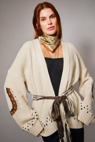Giddy Up Open Front Cardigan With Horse Embroidery On Back, Horseshoe Pattern On Sleeves And Detachable Braided Waist Tie