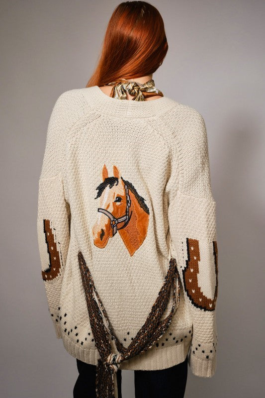 Giddy Up Open Front Cardigan With Horse Embroidery On Back, Horseshoe Pattern On Sleeves And Detachable Braided Waist Tie