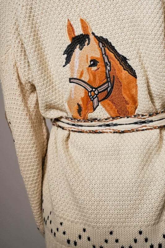 Giddy Up Open Front Cardigan With Horse Embroidery On Back, Horseshoe Pattern On Sleeves And Detachable Braided Waist Tie