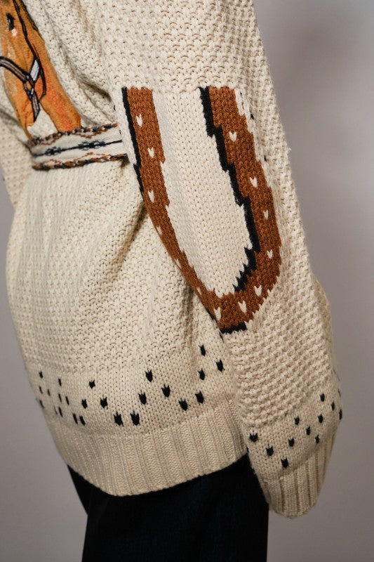 Giddy Up Open Front Cardigan With Horse Embroidery On Back, Horseshoe Pattern On Sleeves And Detachable Braided Waist Tie