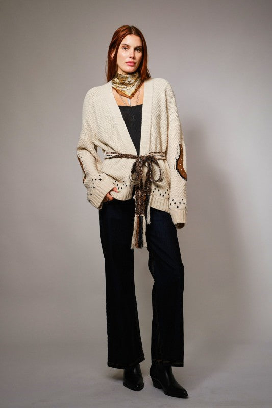 Giddy Up Open Front Cardigan With Horse Embroidery On Back, Horseshoe Pattern On Sleeves And Detachable Braided Waist Tie