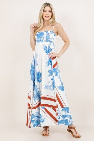 Grace Blue/White/Brown Printed Dress With Adjustable Straps - The Look By Lucy