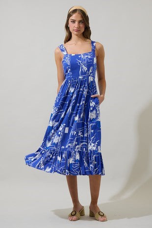 Greece Blue City Scape Linen Blend Lined With Pockets Midi Dress The Look By Lucy Greece Blue City Scape Linen Blend Lined With Pockets Midi Dress The Look By Lucy
