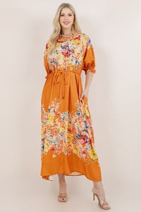 Heather Orange Flower Print Dress with Pockets