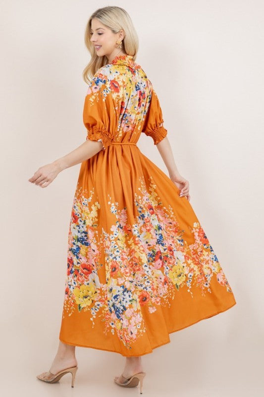 Heather Orange Flower Print Dress with Pockets