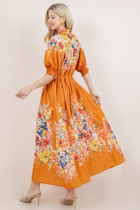 Heather Orange Flower Print Dress with Pockets