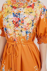 Heather Orange Flower Print Dress with Pockets