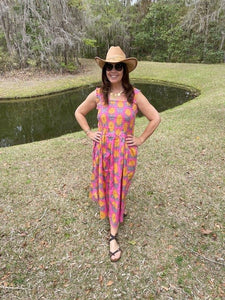 Jennifer Pink and Yellow Flower Block Print All Cotton Smocked Dress With Pockets