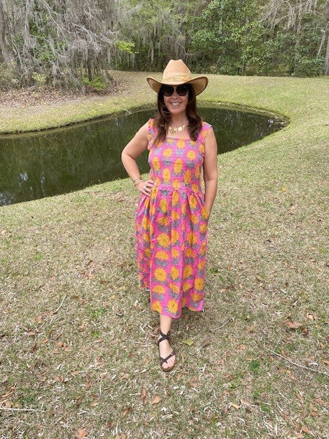 Jennifer Pink and Yellow Flower Block Print All Cotton Smocked Dress With Pockets