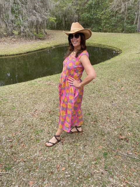Jennifer Pink and Yellow Flower Block Print All Cotton Smocked Dress With Pockets