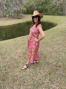 Jennifer Pink and Yellow Flower Block Print All Cotton Smocked Dress With Pockets