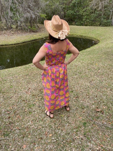 Jennifer Pink and Yellow Flower Block Print All Cotton Smocked Dress With Pockets