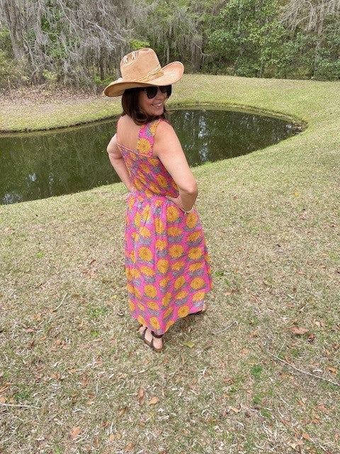 Jennifer Pink and Yellow Flower Block Print All Cotton Smocked Dress With Pockets