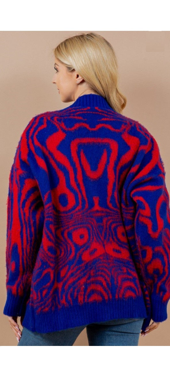 Jess Blue and Orange Swirl V- Neck Button Down Cardigan - The Look By Lucy