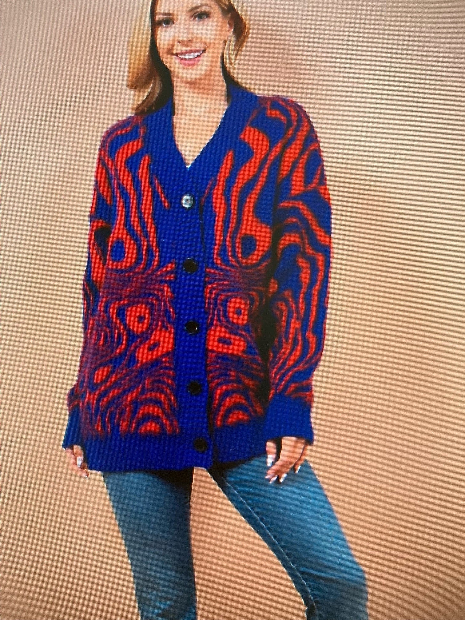 Orange and blue cardigan shop