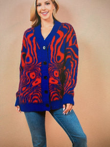 Jess Blue and Orange Swirl V- Neck Button Down Cardigan - The Look By Lucy