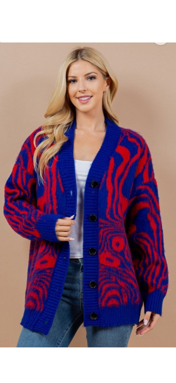 Jess Blue and Orange Swirl V- Neck Button Down Cardigan - The Look By Lucy
