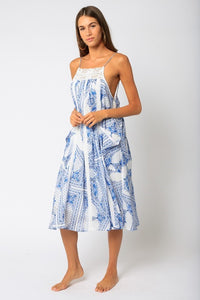 Jolie White and Blue Printed Allie Cotton Dress With Pockets