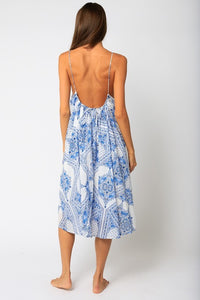 Jolie White and Blue Printed Allie Cotton Dress With Pockets