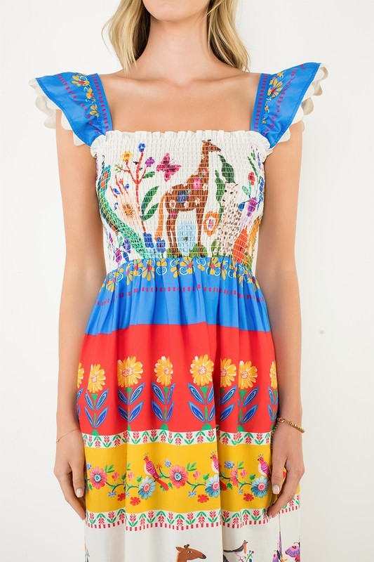 Jill Smocked Flutter Sleeve Animal Print All Cotton Dress With Pockets