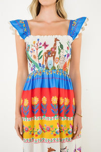 Jill Smocked Flutter Sleeve Animal Print All Cotton Dress With Pockets