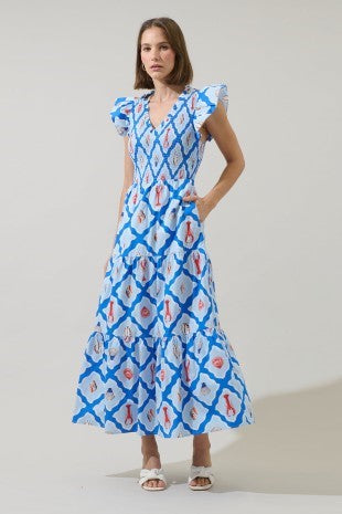 Lobster Bay White- Blue All Cotton with Pockets Midi Dress – The Look By Lucy