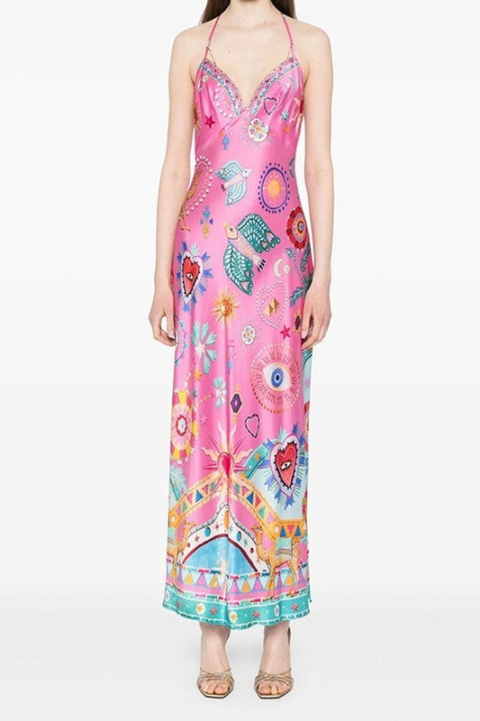 Lola Pink Multi Print Halter Neck Dress