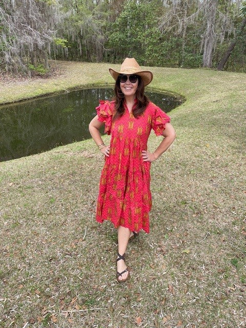 Lu Orange and Pink Tiger Block Print All Cotton Dress with Pockets - The Look By Lucy