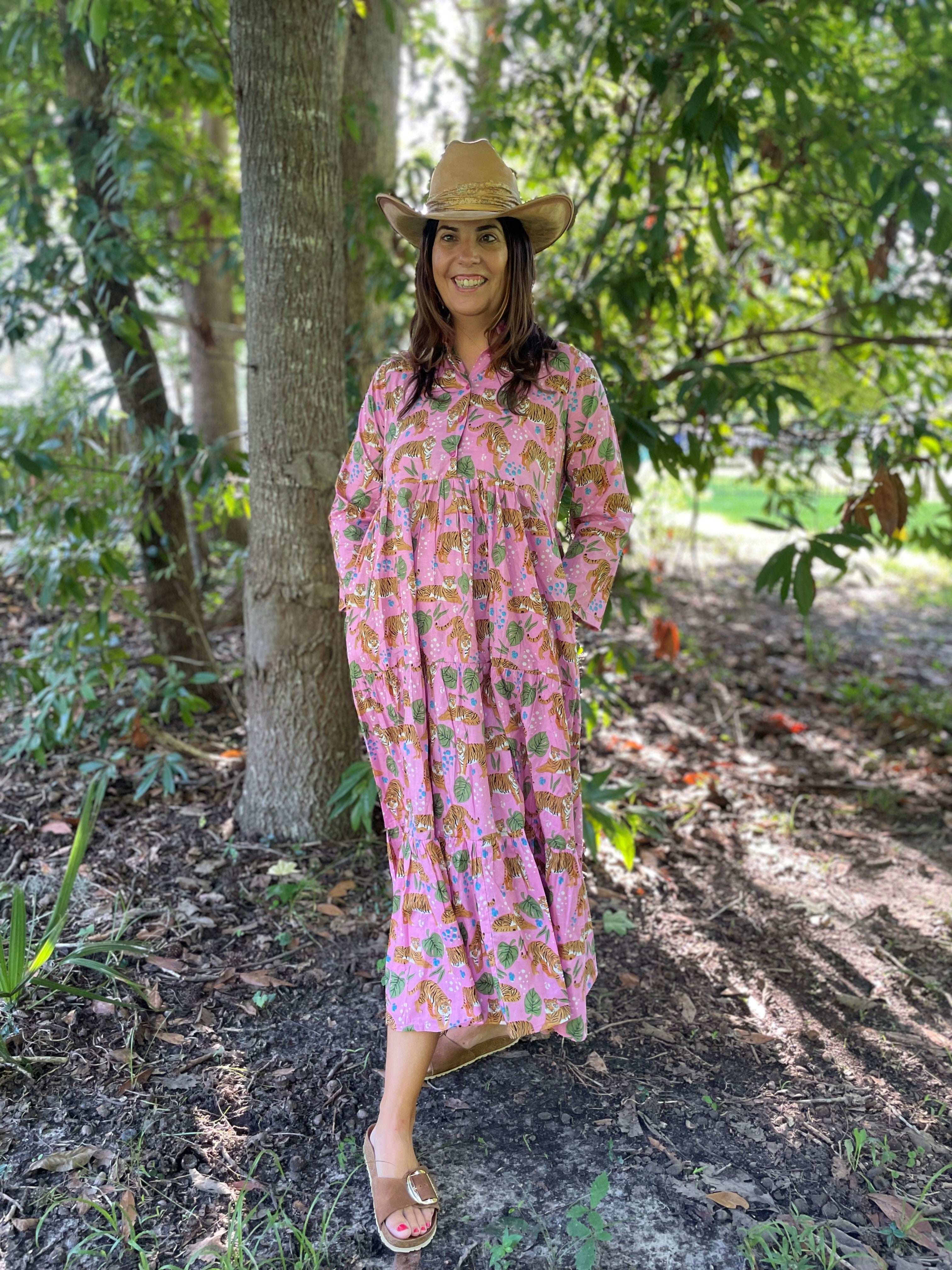 pink tiger print dress Cotton Pink Striped Tiger Print Maxi Gown, Long Dress Deep Neck Women's Clothing
